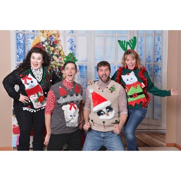 Ugly Christmas Sweater Men's size L or M Cat Lover Green Stocking Googly Eyes - Picture 7 of 7